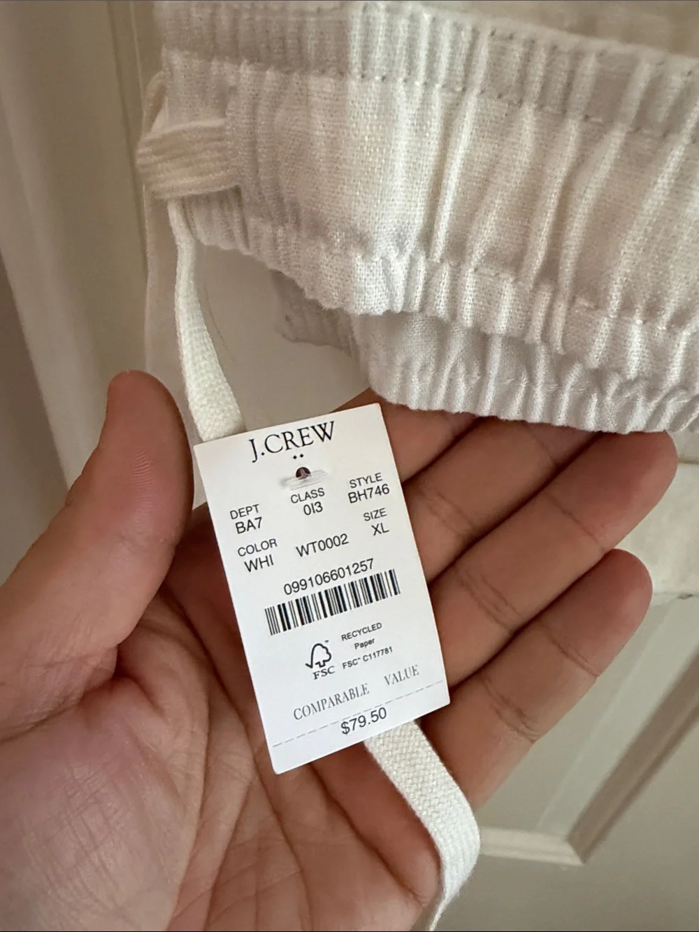 J. Crew White Men's Drawstring Linen Pant